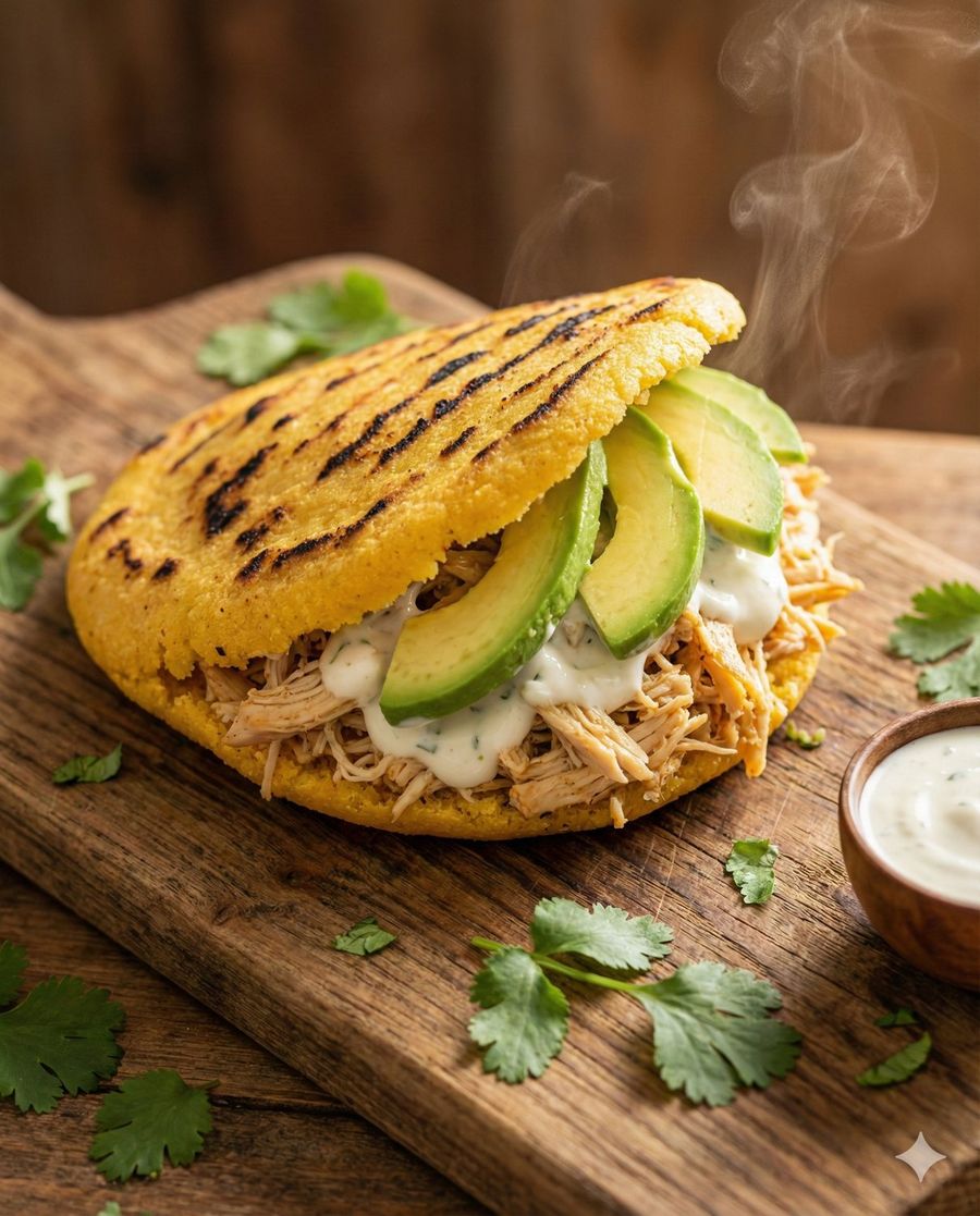 Arepa rellena de pollo desmechado y aguacate