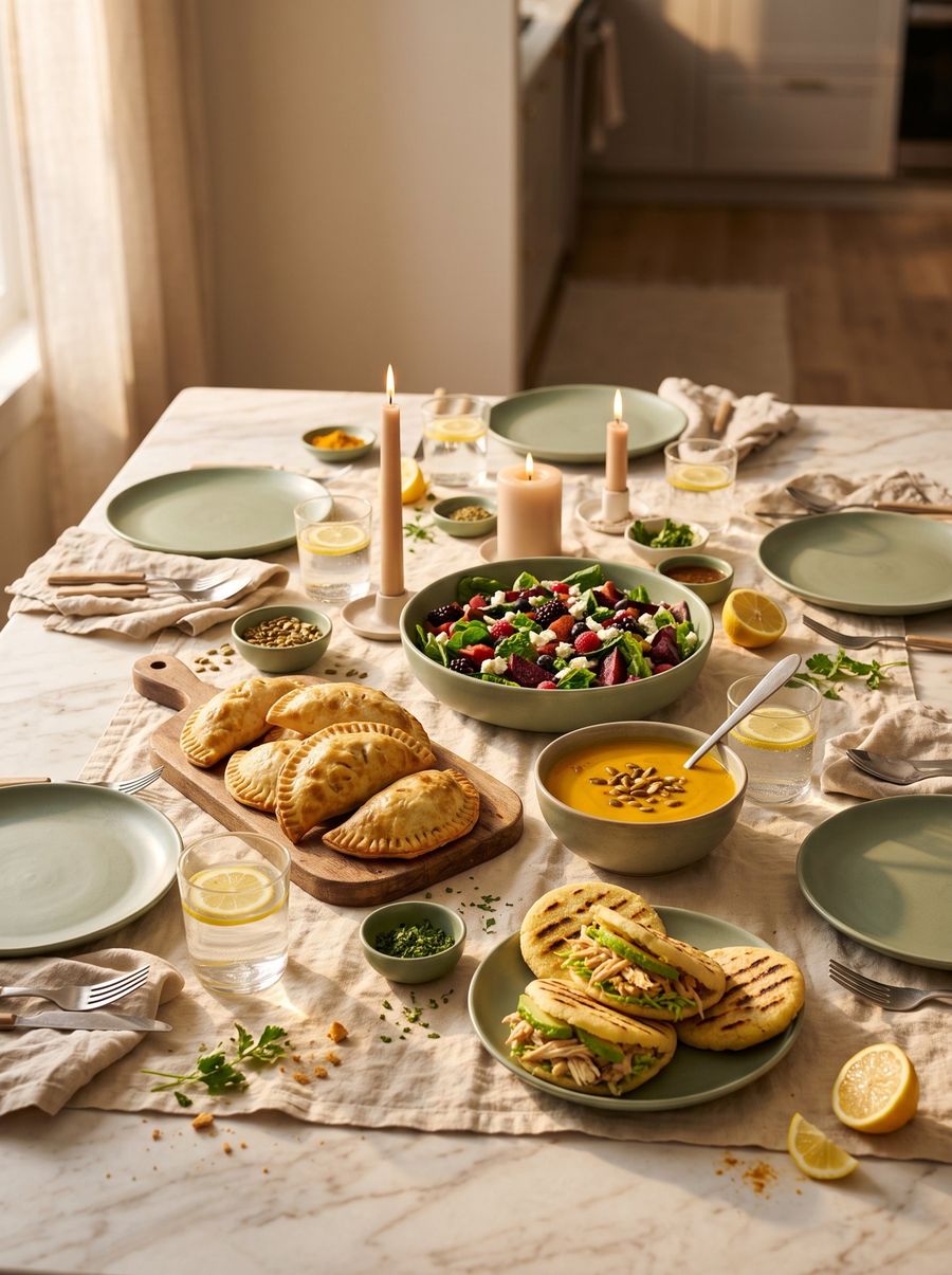 Mesa servida con platos caseros saludables