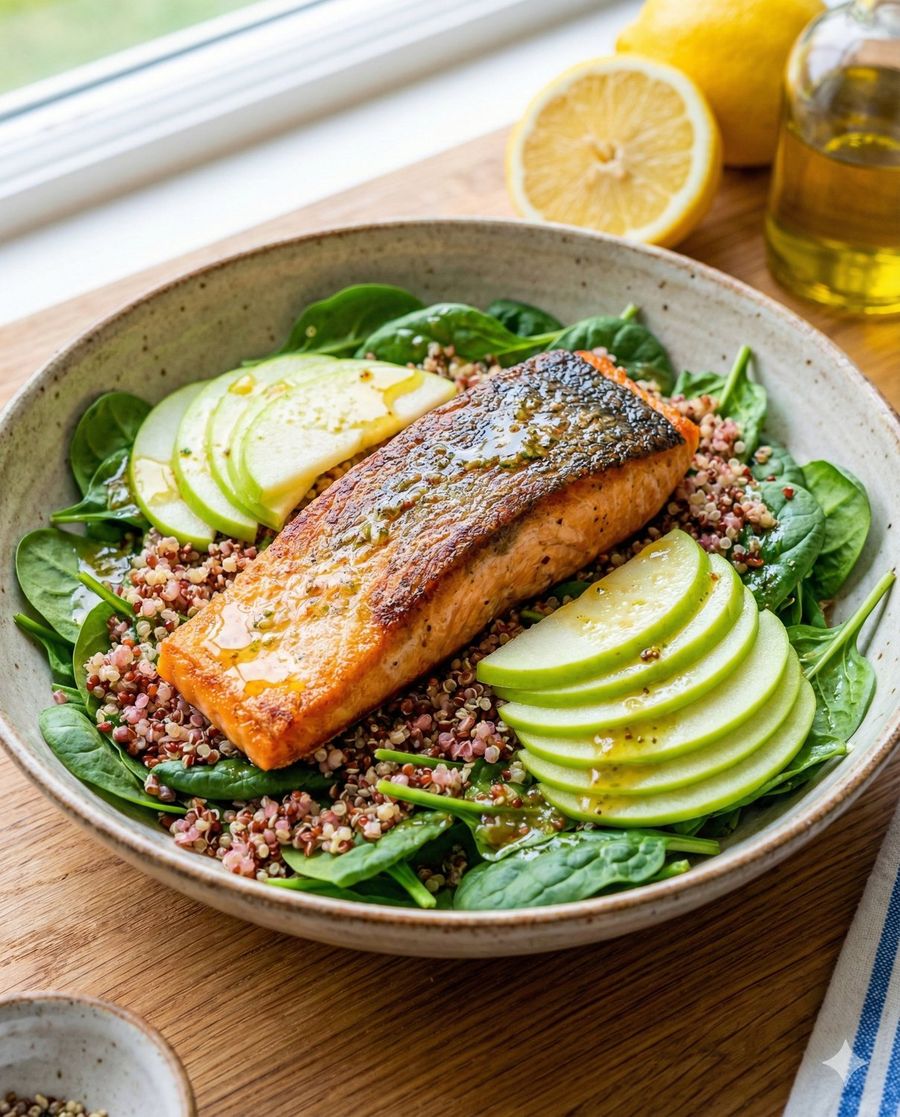 Ensalada de salmón, quinoa y manzana verde